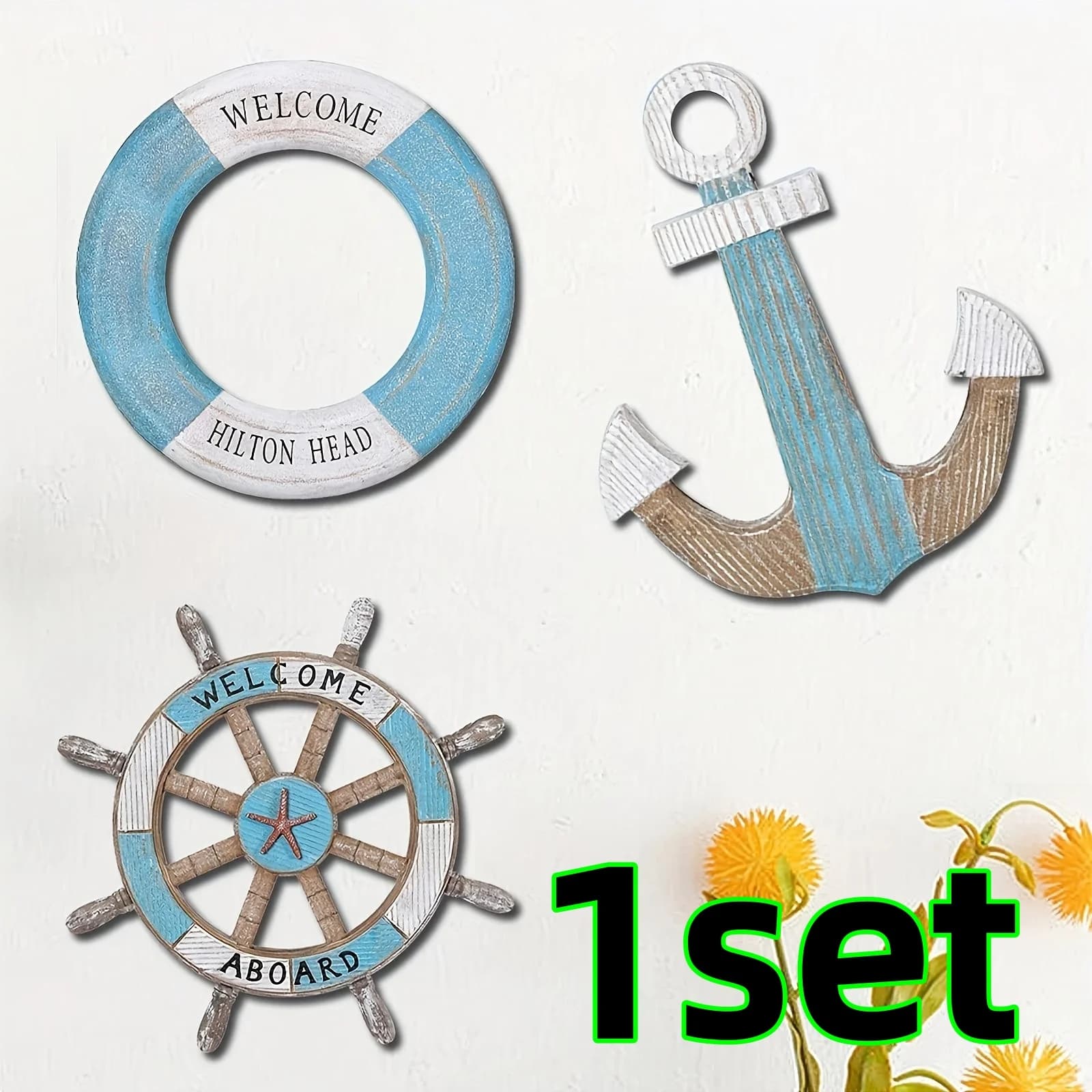 1 Set of Nautical-Themed Home Decor Wooden Anchors, Helms, and Lifebuoys Ocean-Themed Wall Decorations Indoor Nautical Decor Can Be Used for Wall Decoration at Outdoor Parties and Garden Gatherings