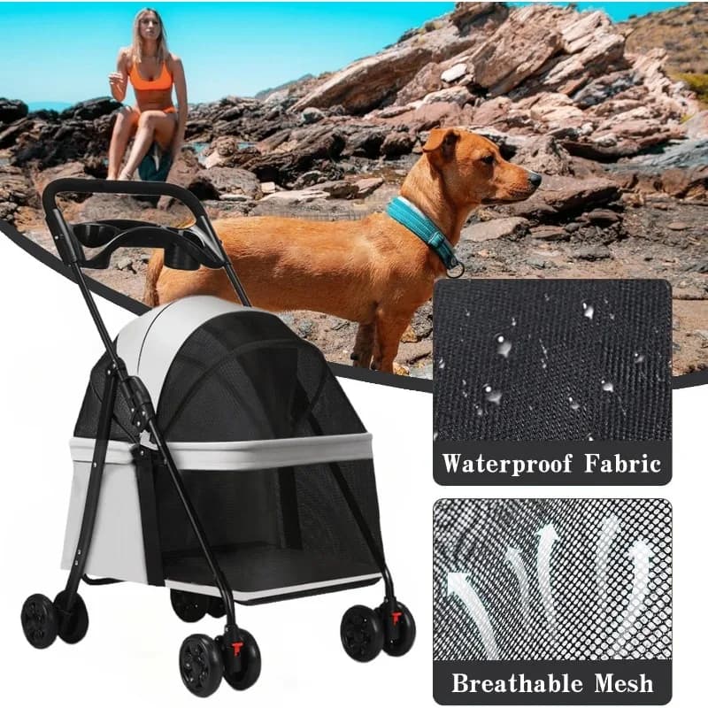 Pet 4 Wheels Dog Cat Stroller Portable Foldable Trolley Pet Carrier Cart Outdoor Travel Dog Cat Cage Stroller with Cup Holder