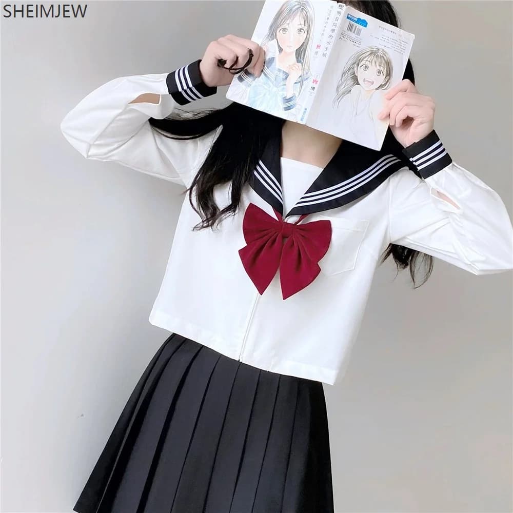 Japanese School Sailor Uniform Black White Three-Piece Set