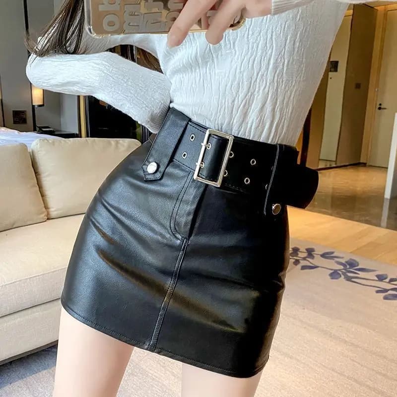 Black Vintage Leather Button Mini Skirt
