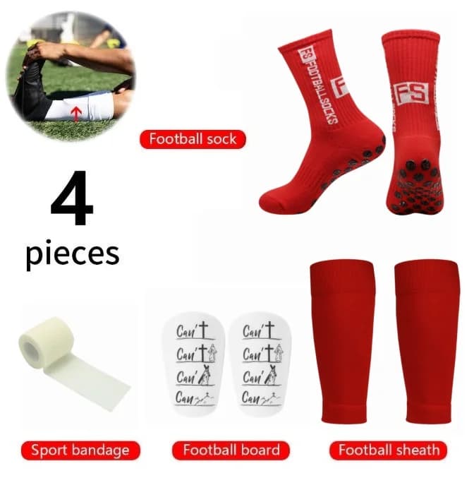 4 Pieces Soccer Football Gear Set Anti-Slip Socks Shin Guards Sports Bandage & Calf Sleeves for Men Women Training