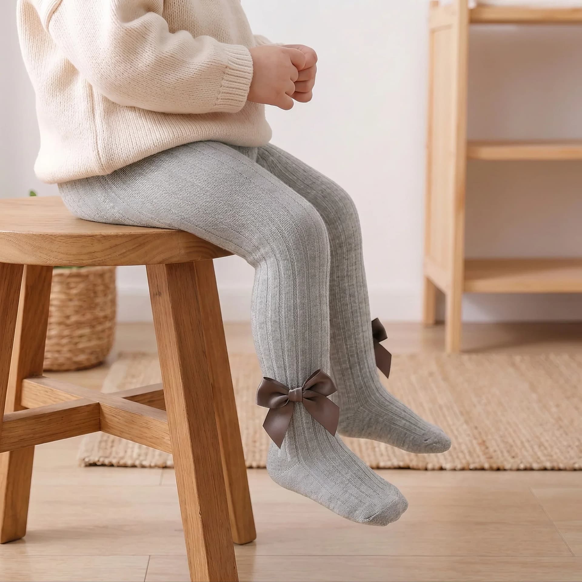 Kids Ribbed Tights With Floral Bow