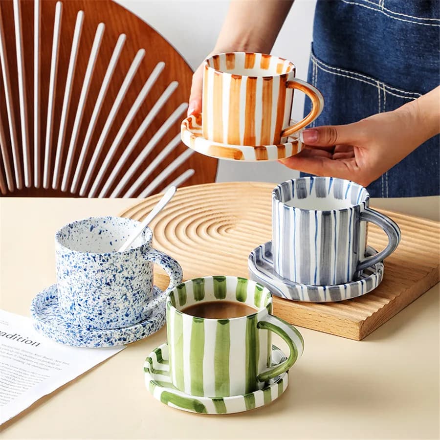 Ceramic Striped Coffee Cup with Plate