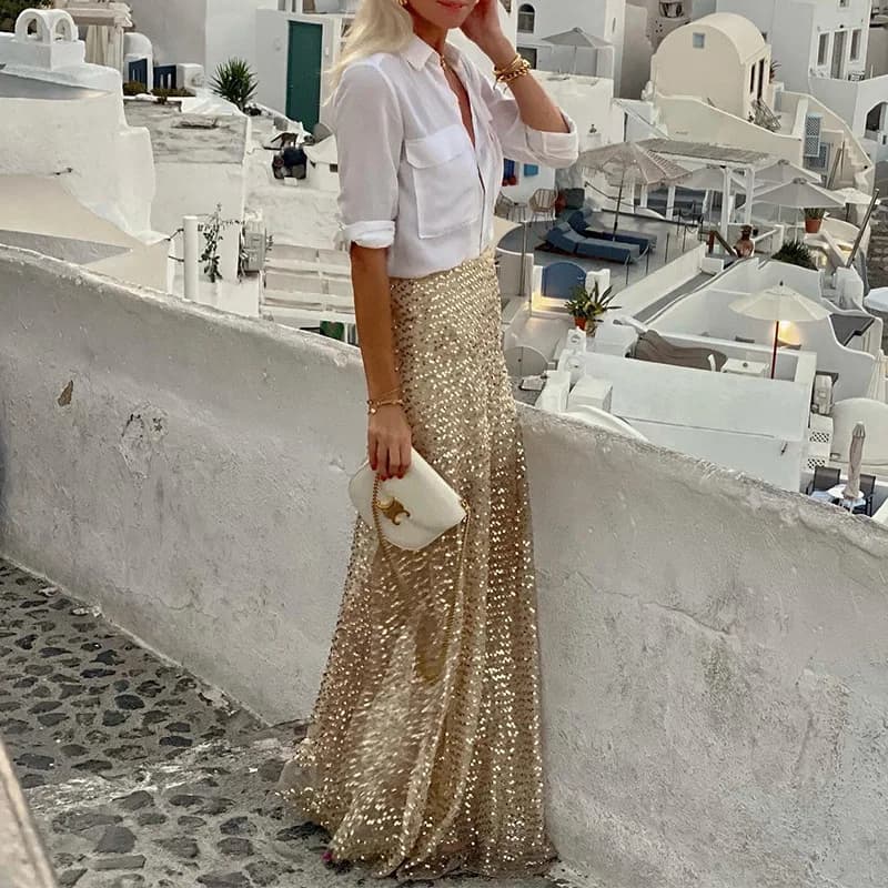 Sequined Floor-Length Casual Skirt