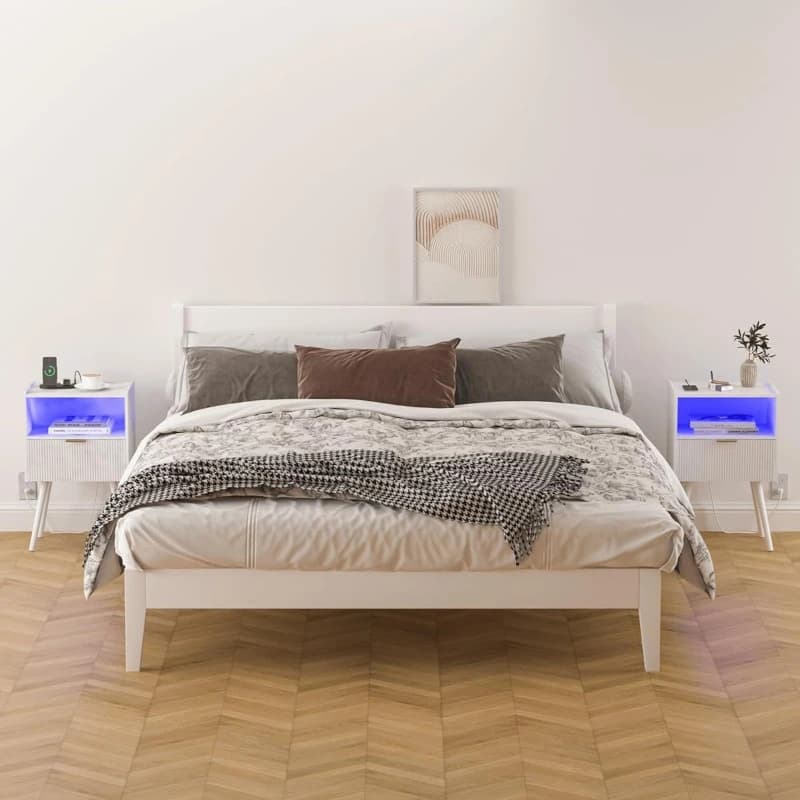 Nightstand Modern Bedside Table Charging Station And LED Lights Night Stand Storage Drawer Solid Wood Legs Organizer Vanity