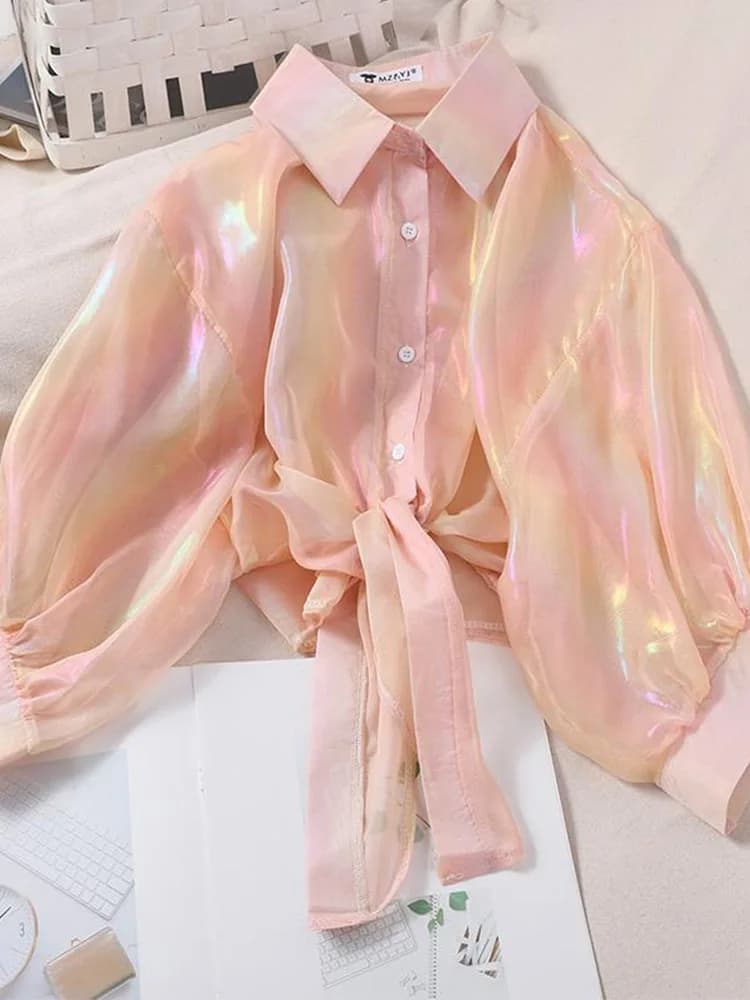 Women's Half-Sleeve Sparkle Blouse with Tied Waist