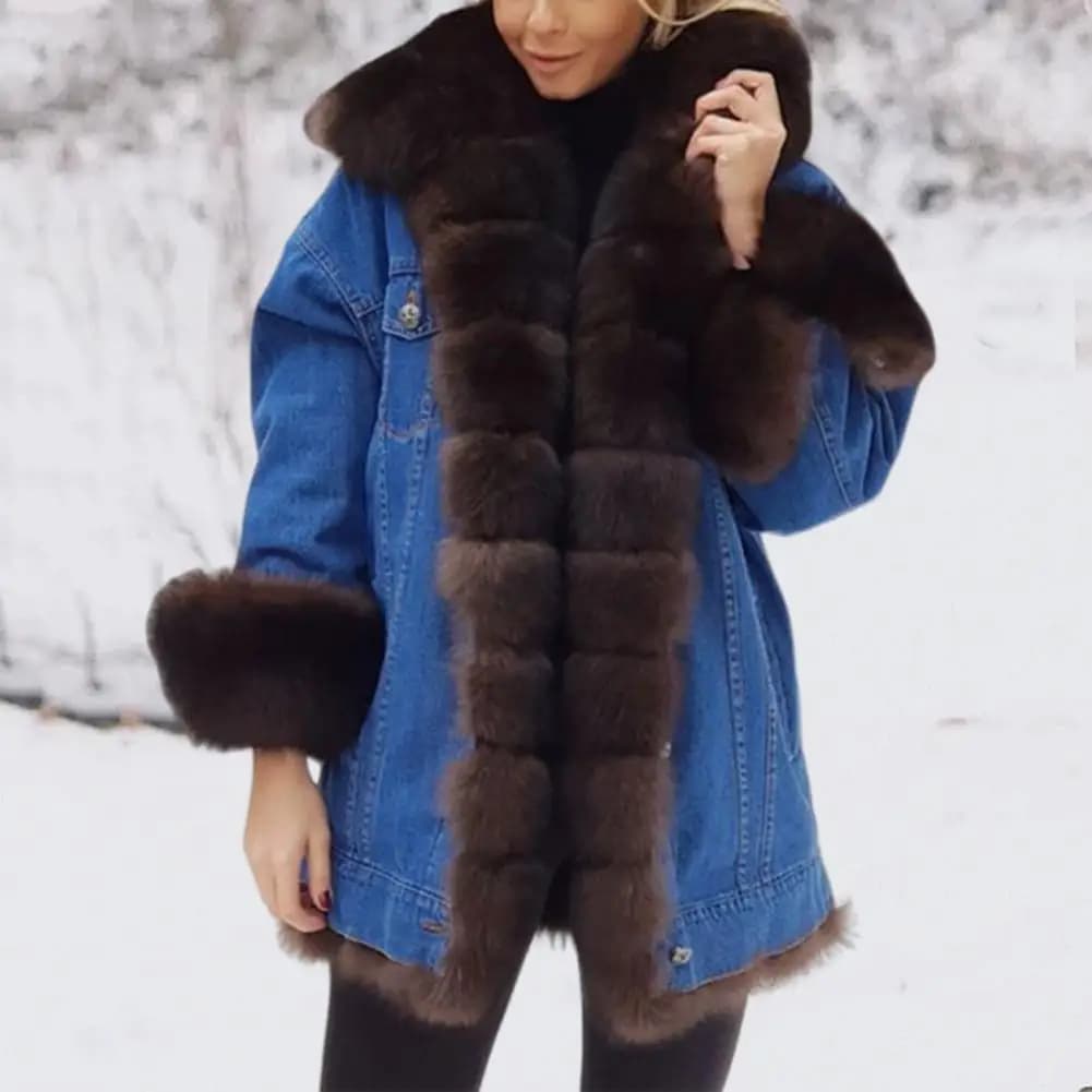 Women's Winter Denim Jacket with Faux Fur Trim