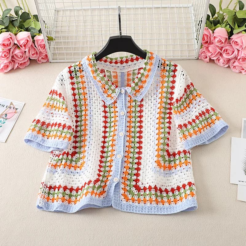 Short Sleeve Striped Crochet Collared Shirt