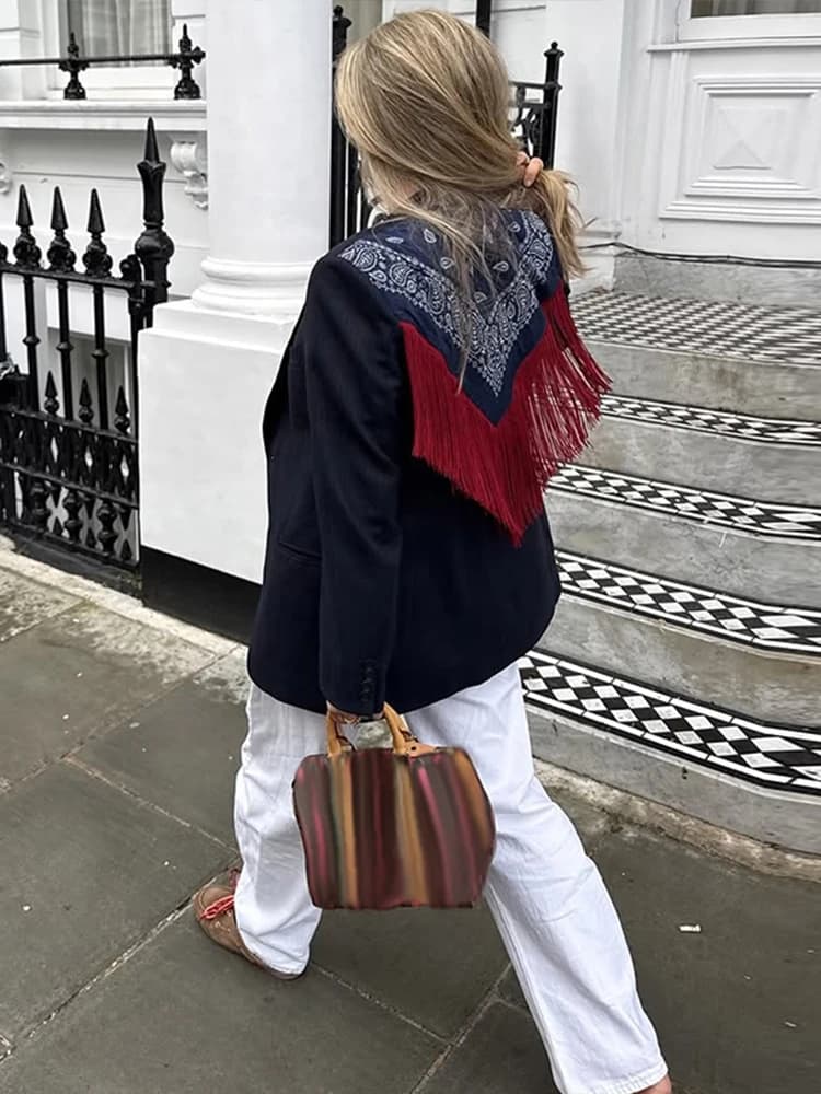 Women's Bandana Print Blazer with Fringe Shawl Back