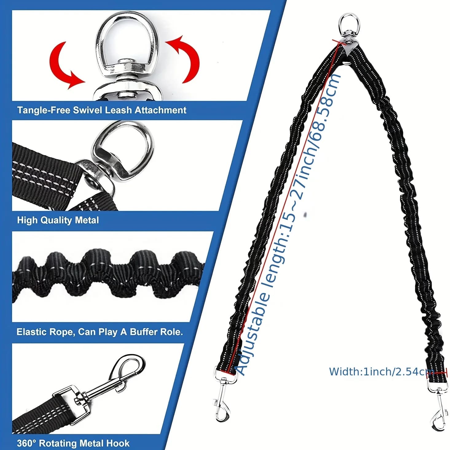 Double Dog Leash Coupler with Reflective Bungee