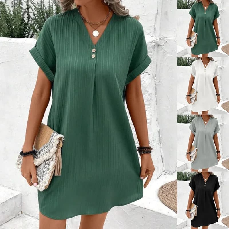 Women's Fashion  Loose T-Shirt Dress Ladies V Neck Short Sleeve Beach Baggy Solid Sundress Clothing