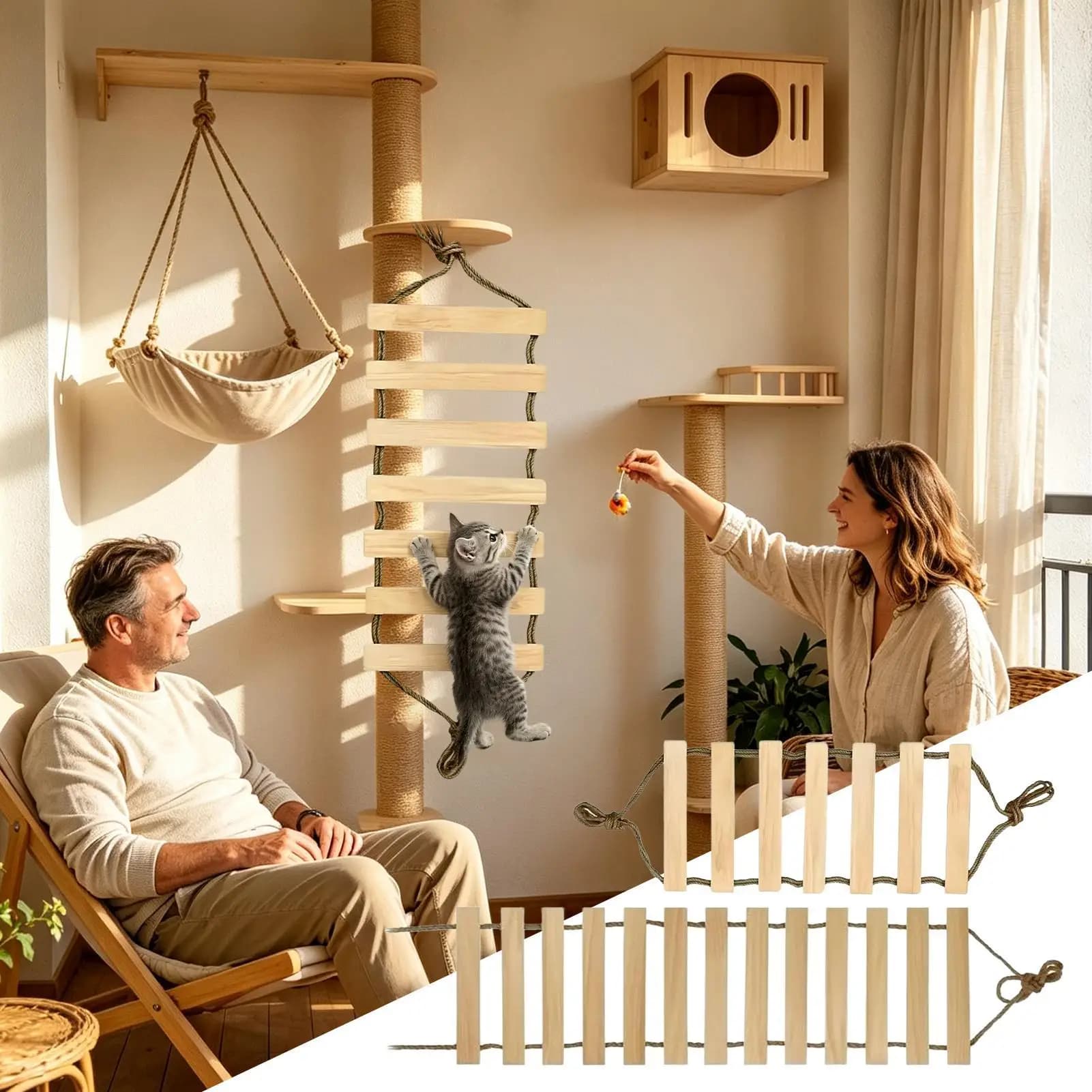 Wall-Mounted Cat Bridge Multi-Level Wooden Steps