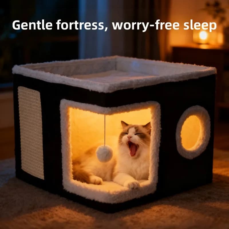 Foldable Plush Cat Cave Bed with Scratching Pad