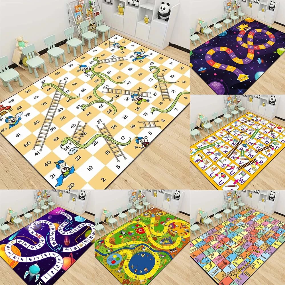 Kids Game Pattern Floor Mat Various Styles with Snakes Ladders Alphabet and Space Themes NonSlip Rug for Children's Room Decor