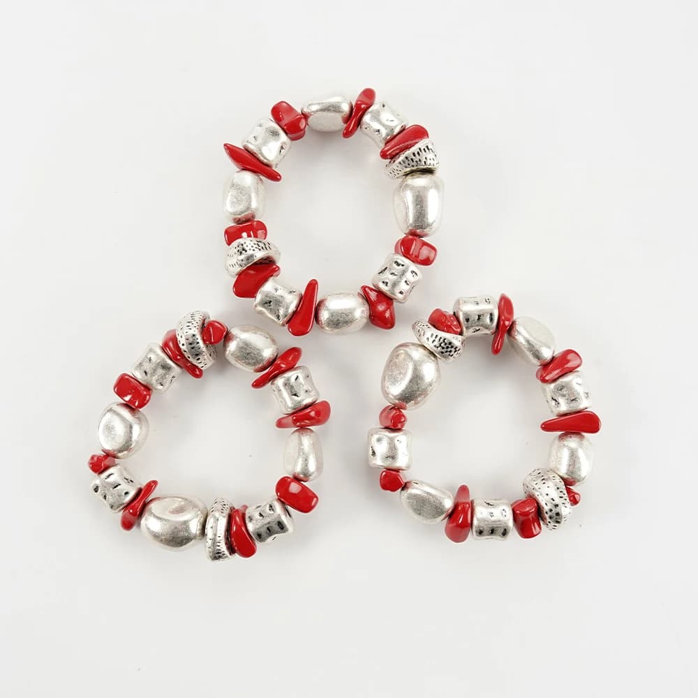 Red and Antiqued Silver Stackable Beaded Bracelet Set