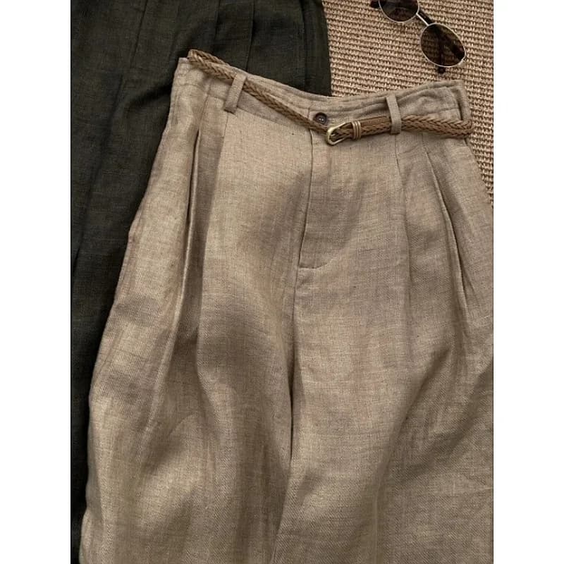 Khaki Linen Wide-Leg High-Waist Summer Pants