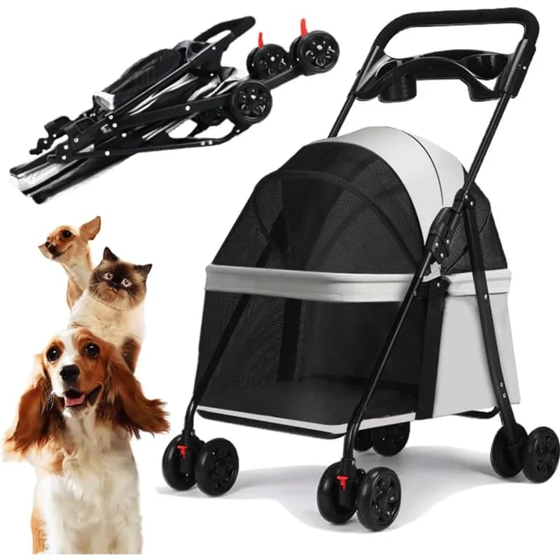 Pet 4 Wheels Dog Cat Stroller Portable Foldable Trolley Pet Carrier Cart Outdoor Travel Dog Cat Cage Stroller with Cup Holder