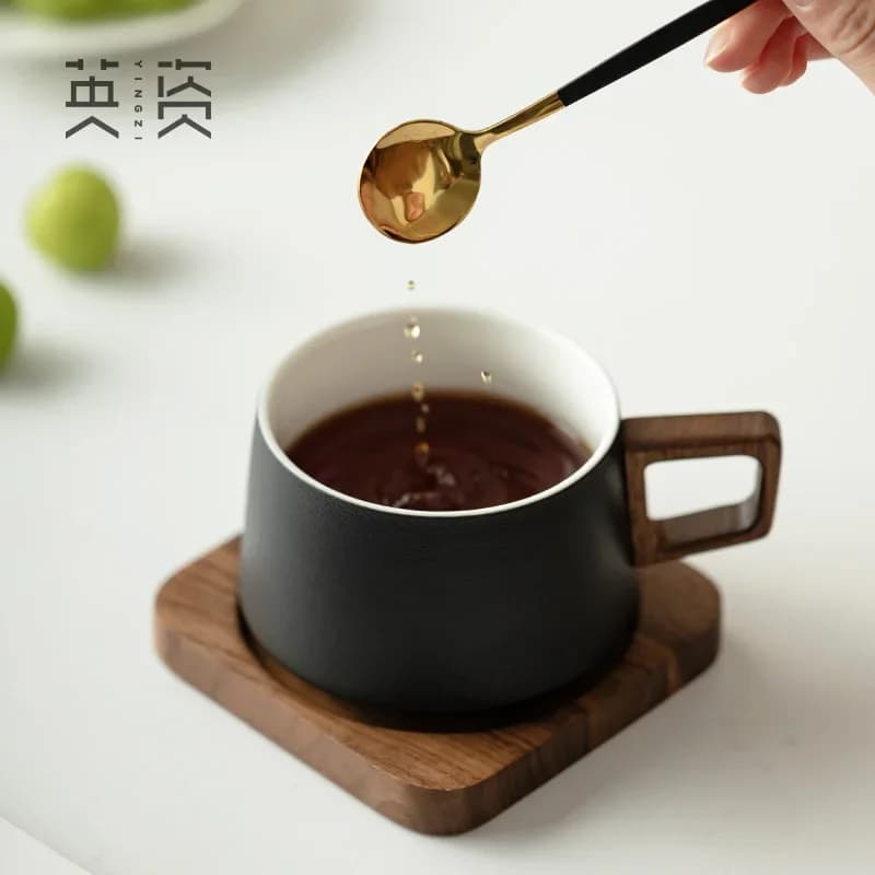 Ceramic Coffee Cup with Wood Coaster Set