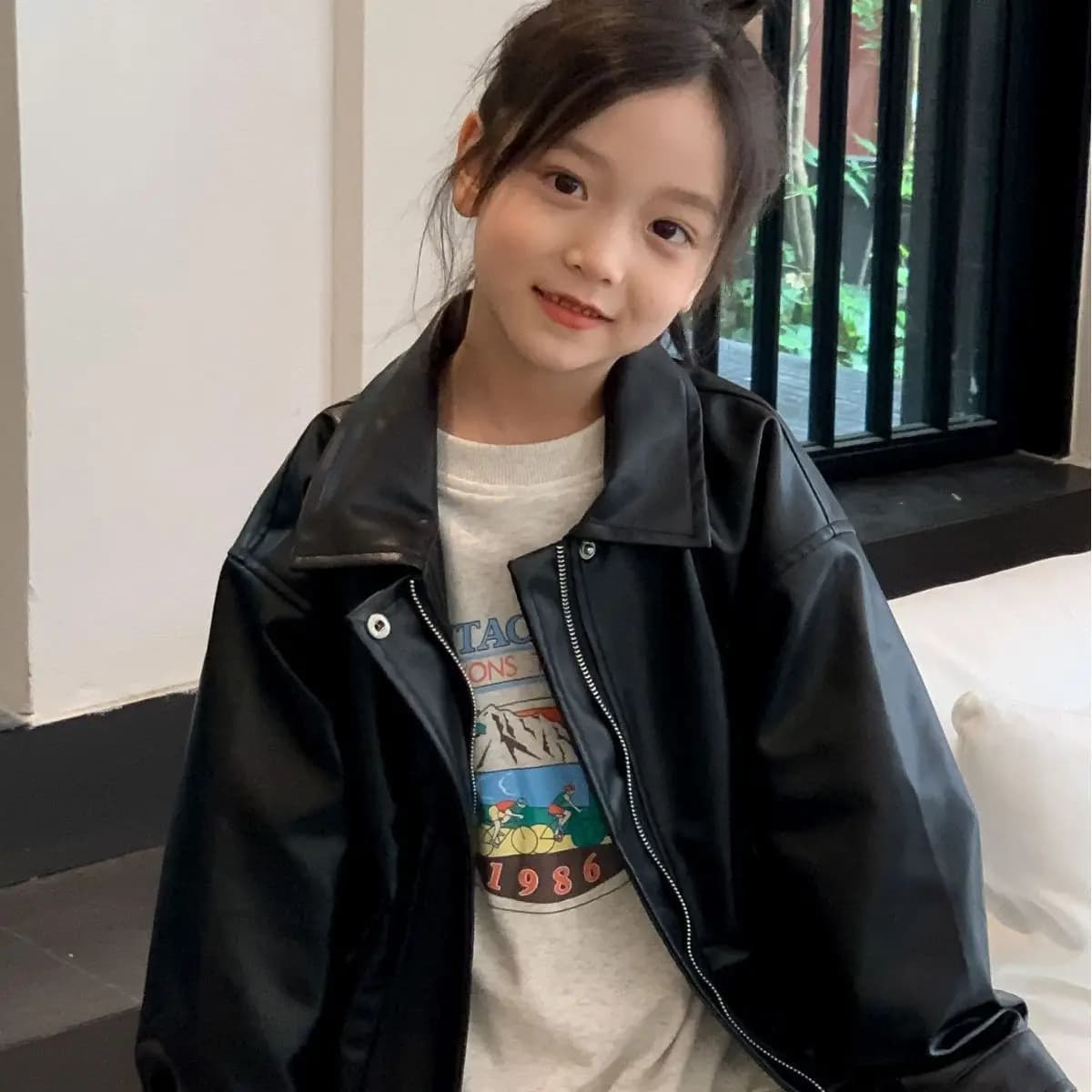 Girls Retro Black Leather Jacket