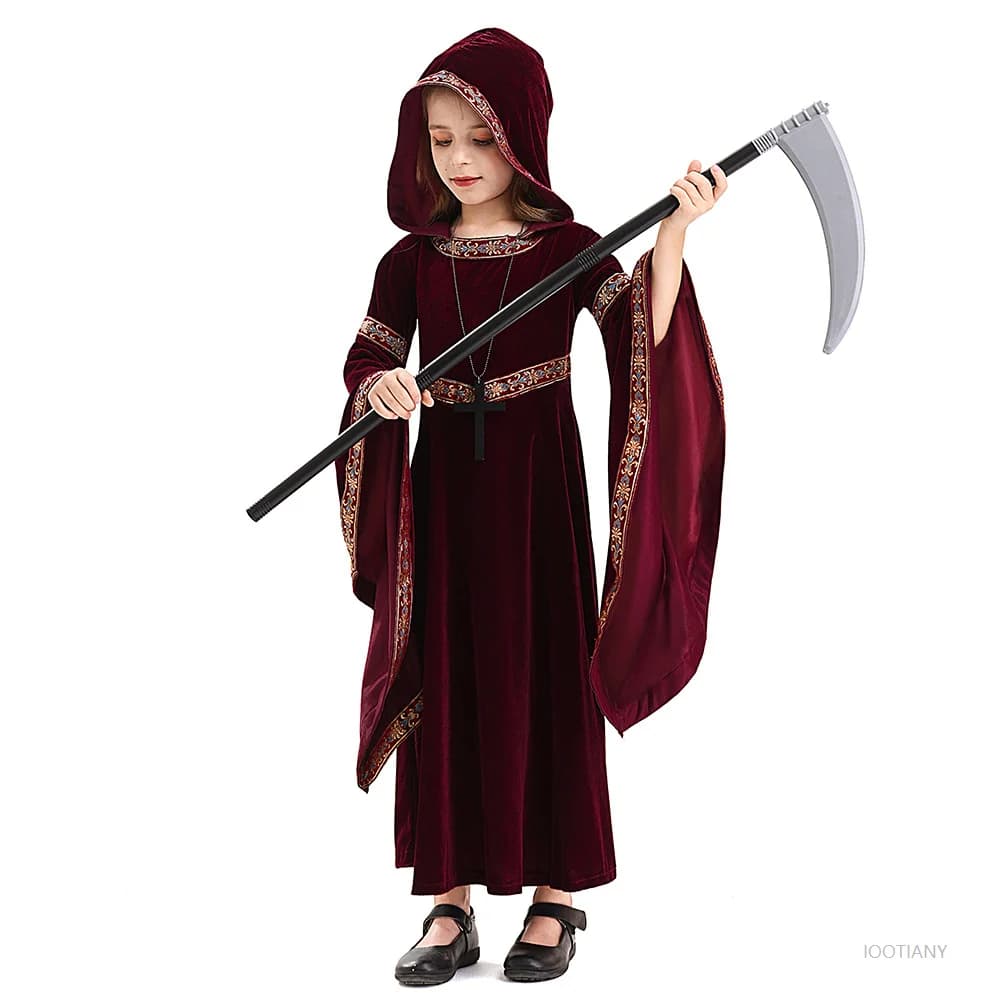 Halloween Costume Death Costume Children's Medieval Retro Gothic Vampire Hooded Witch Long Skirt Carnival Party Role Play Dress