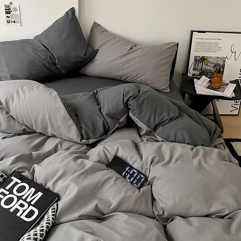Japanese Bedding Set Solid Polyester AB Side Duvet Cover+Sheet +Pillowcase All Season Home Bed Linens Drop Shipping Full King