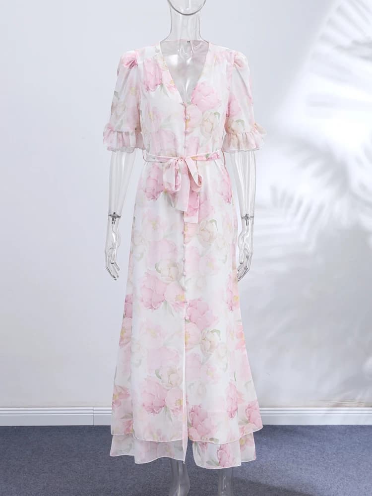 Print Dress Women's Floral Dresses Deep V-Neck Puff Sleeves Waist Button Elegant Linen Blend Maxi Dress Woman Clothes Daily Wear