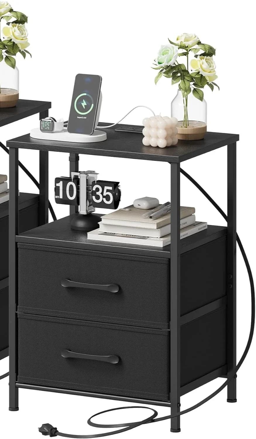 Nightstands Set Charging Station Cool Lights Bedside Table Fabric Drawers Bedroom Small Side End Table With Open Shelf Greige