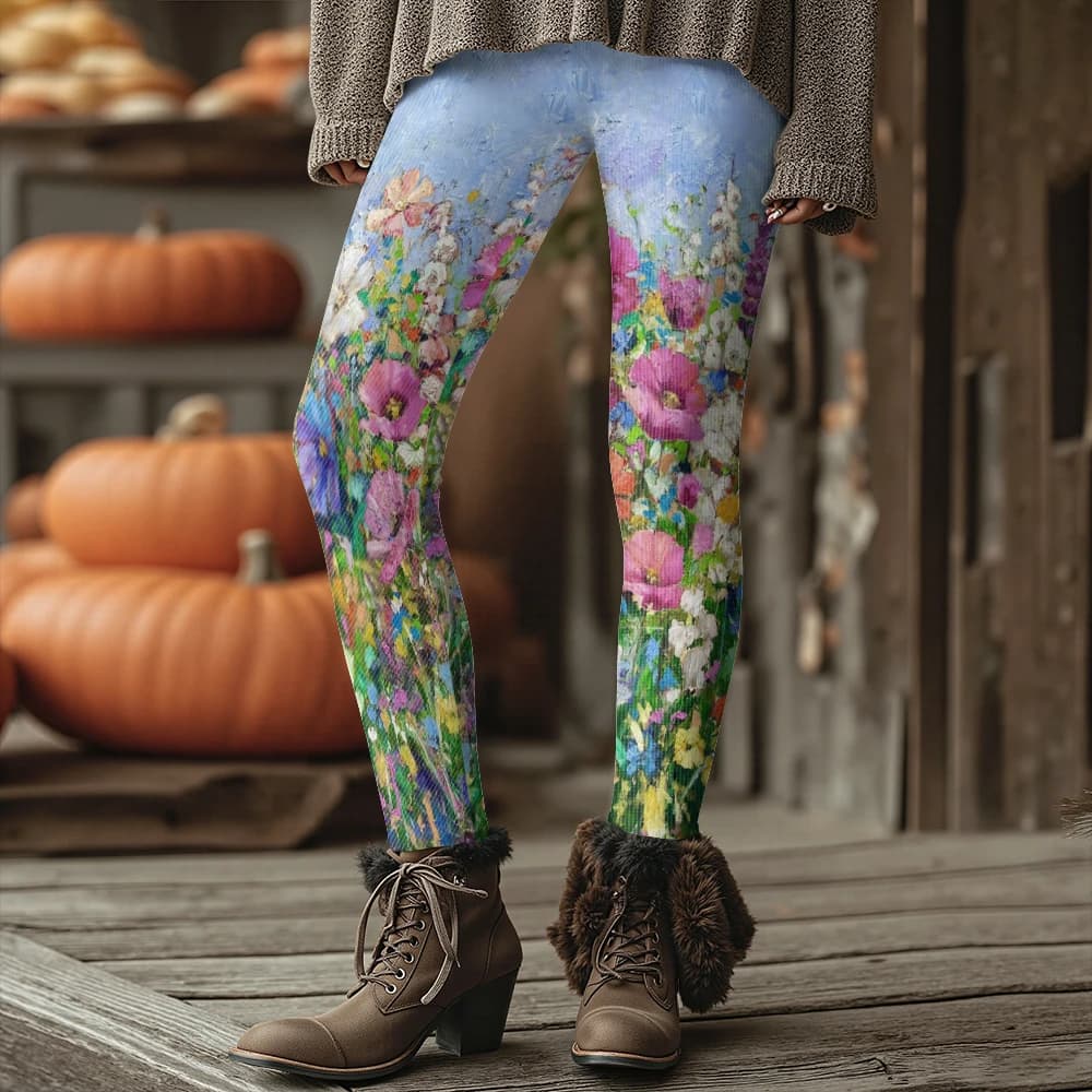 Colorful Blooming Flowers Pattern Women's Leggings Autumn Winter Warm Fashion Tights Stylish Outdoor Look Fashion Streetwear