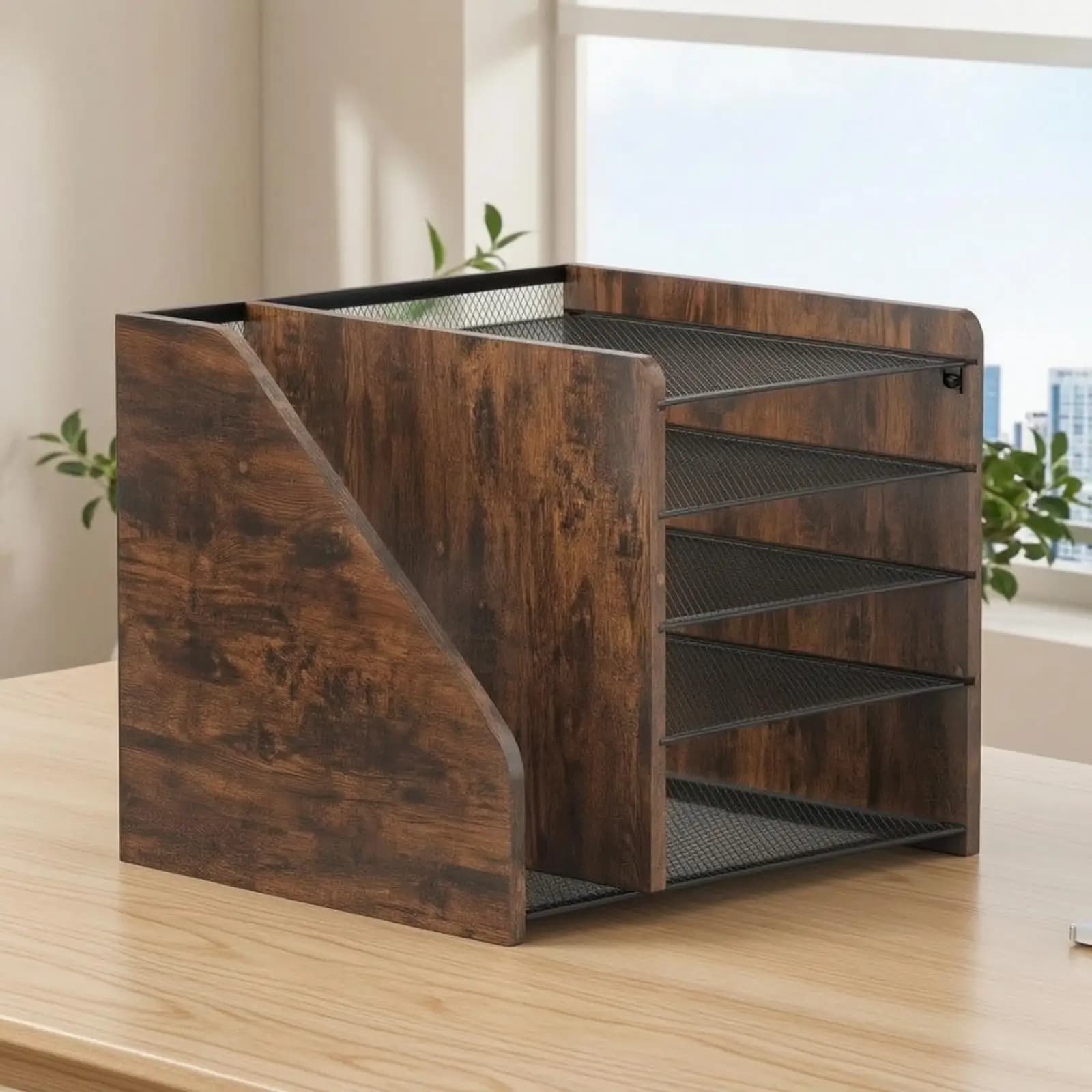 Wooden File Organizer Space Saving Desktop Shelf Organizer Large Desk Organizer for Home Workspace