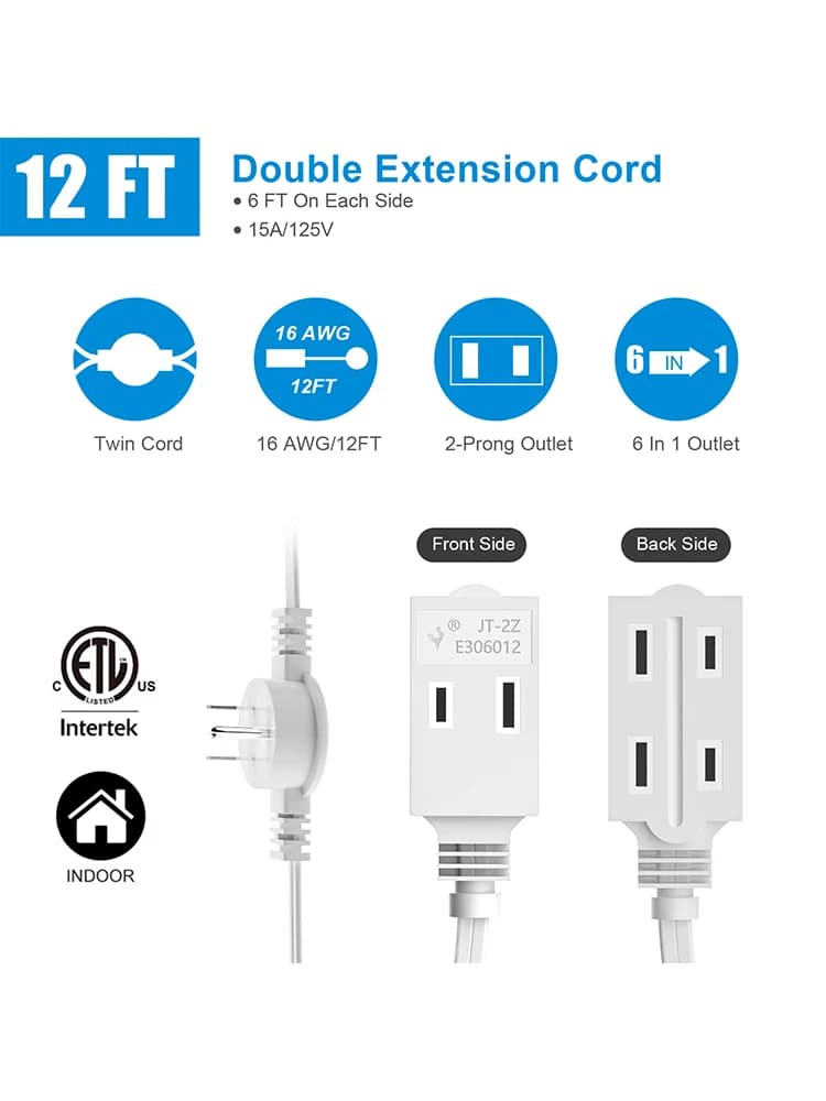 US Twin Extension Cord Power Strip - 12 Feet Cord - 6 feet on Each Side - Flat Head (Wall Hugger) Outlet Plug