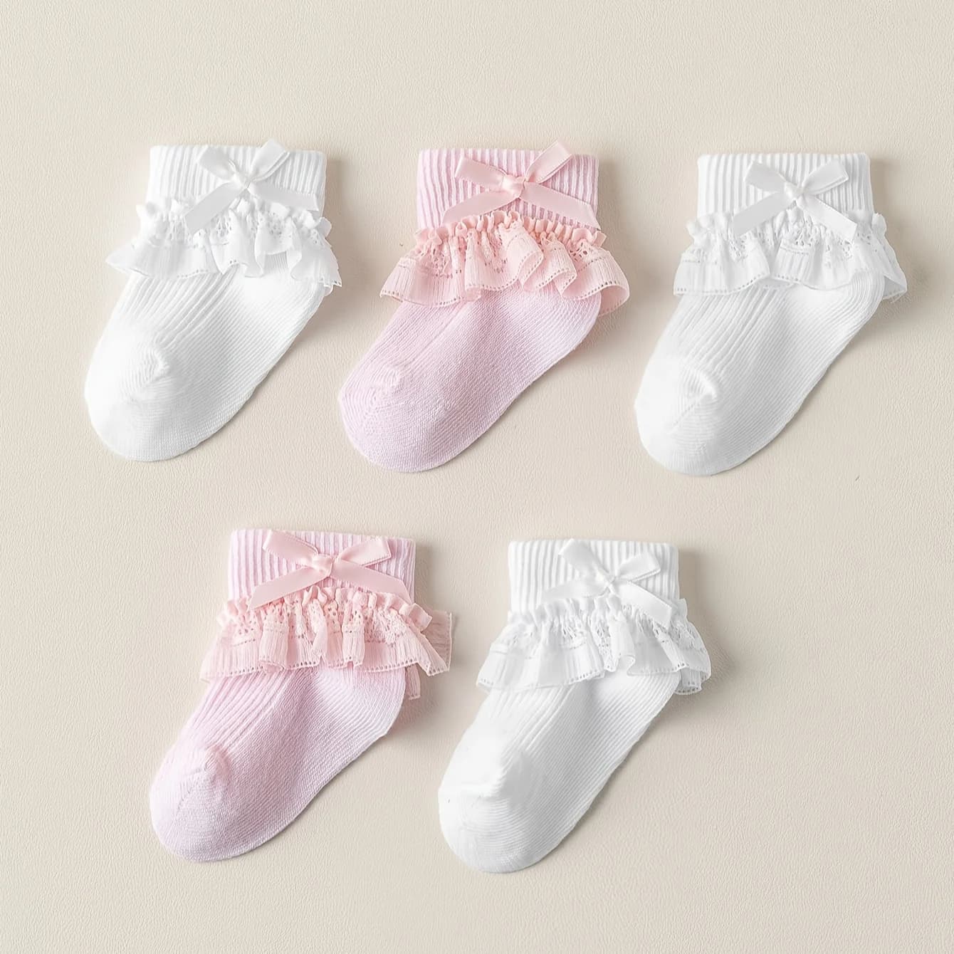 Baby Girls' Ruffle Lace Ankle Socks with Bow, 5-Pack