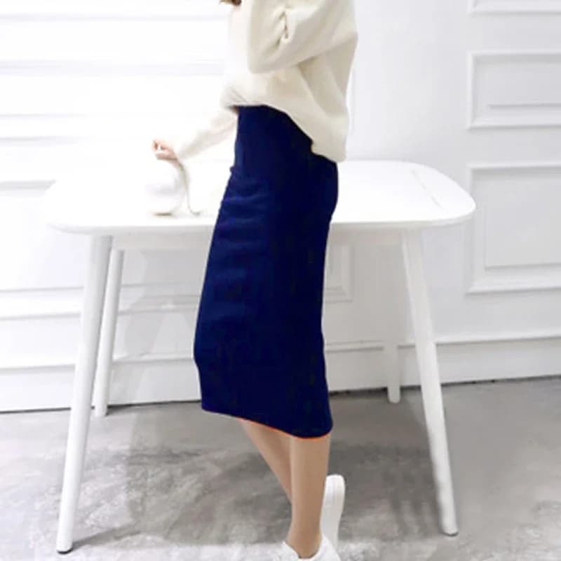 Women's Black Pencil Skirt Wool Rib Knit