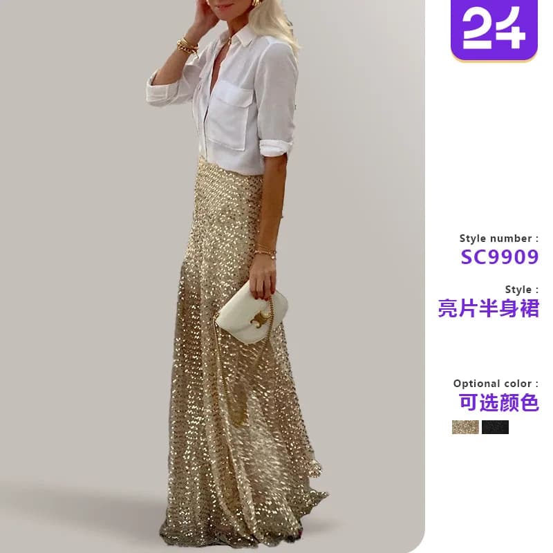 Sequined Floor-Length Casual Skirt