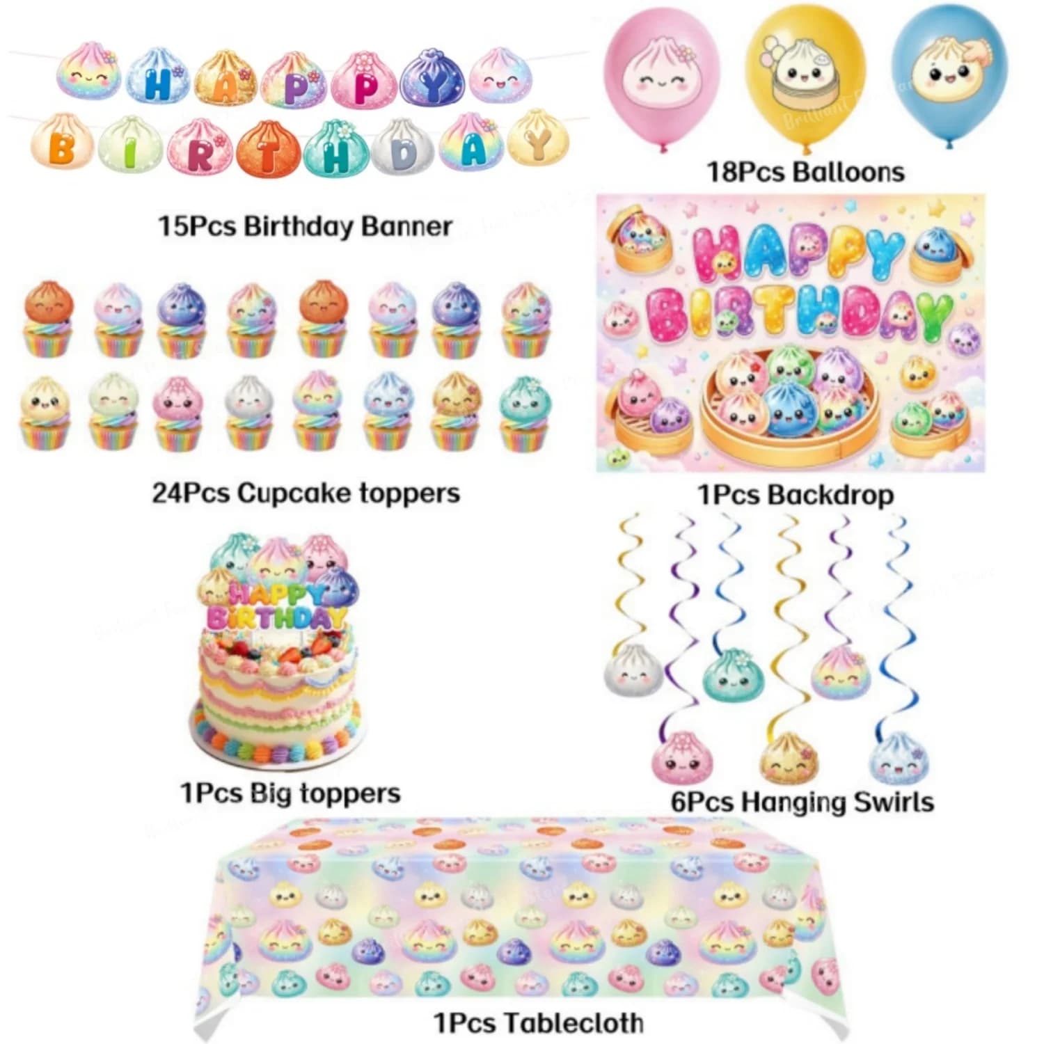 Squishy Birthday Party Decorations Kit Dumpling Banner Backdrop Cake Toppers Hanging Swirls Stress Relief Theme Party Supplies