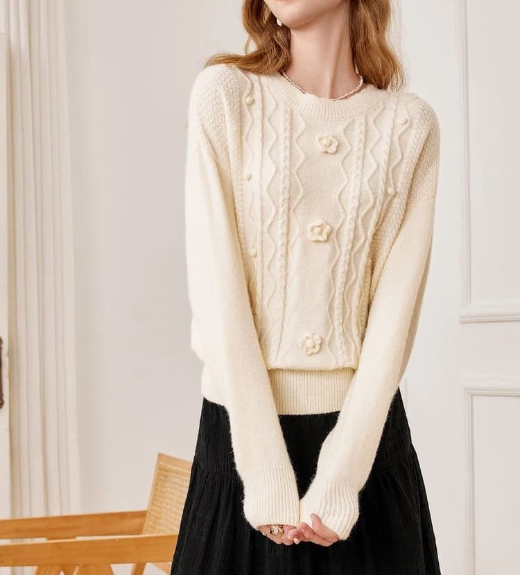 Fashion Women's Clothing 2025 Autumn  Winter New Style Temperament Reducing Loose Flower Embroidered Round Neck Sweater Knit Top
