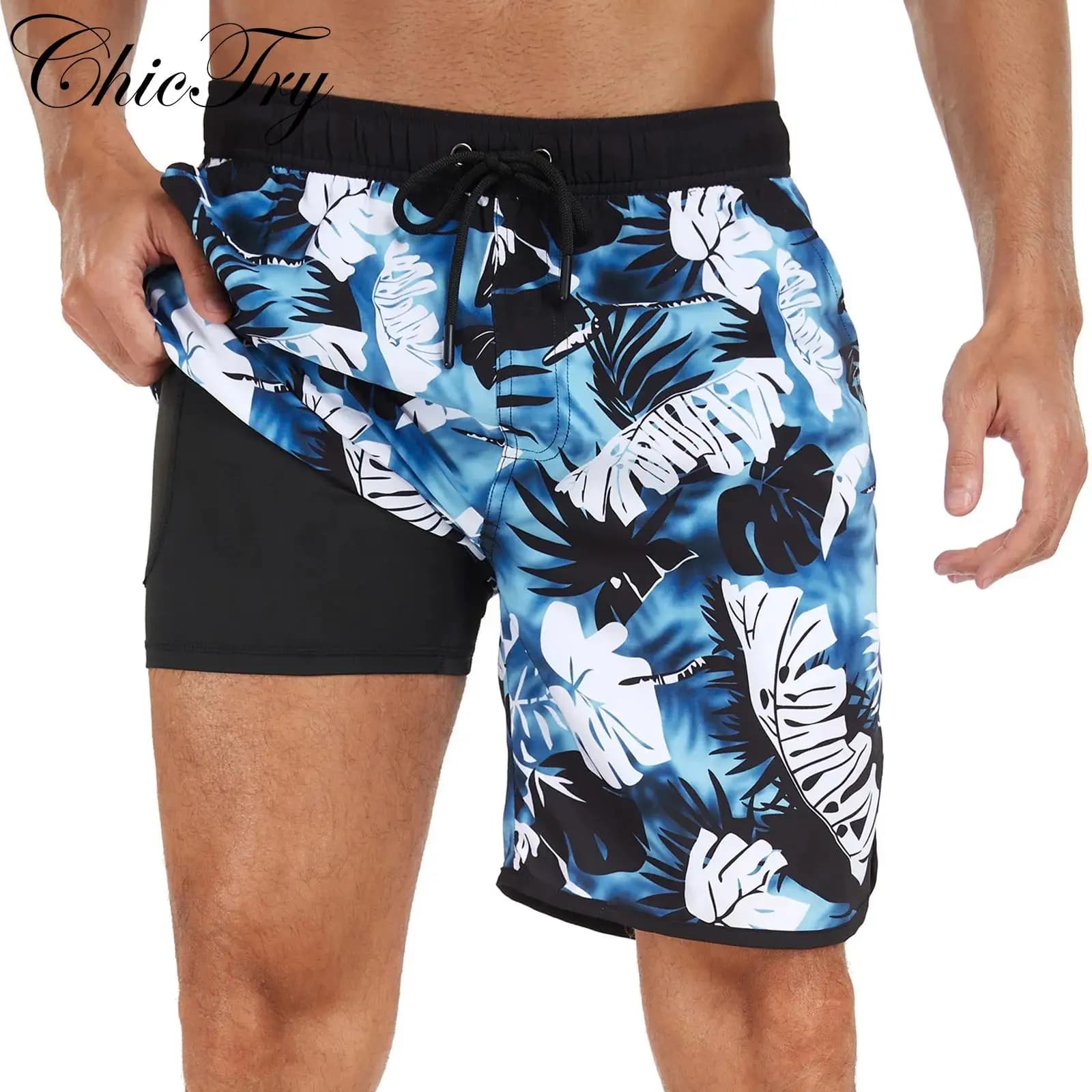 Men's Printed Swim Trunks with Pockets