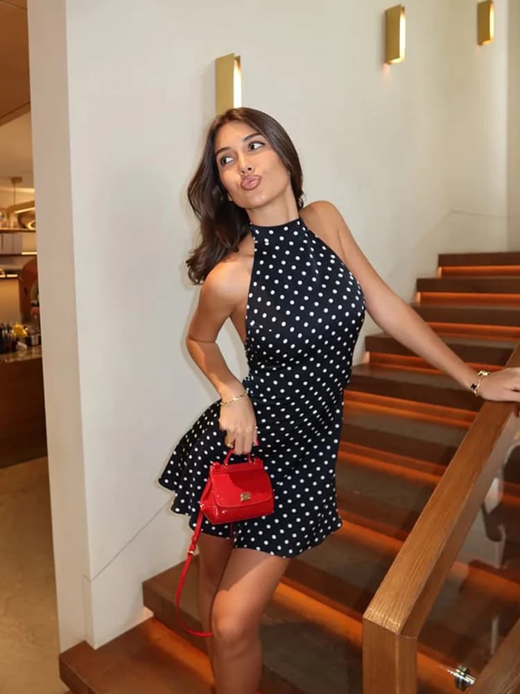Halter Dot Print Backless Mini Dress