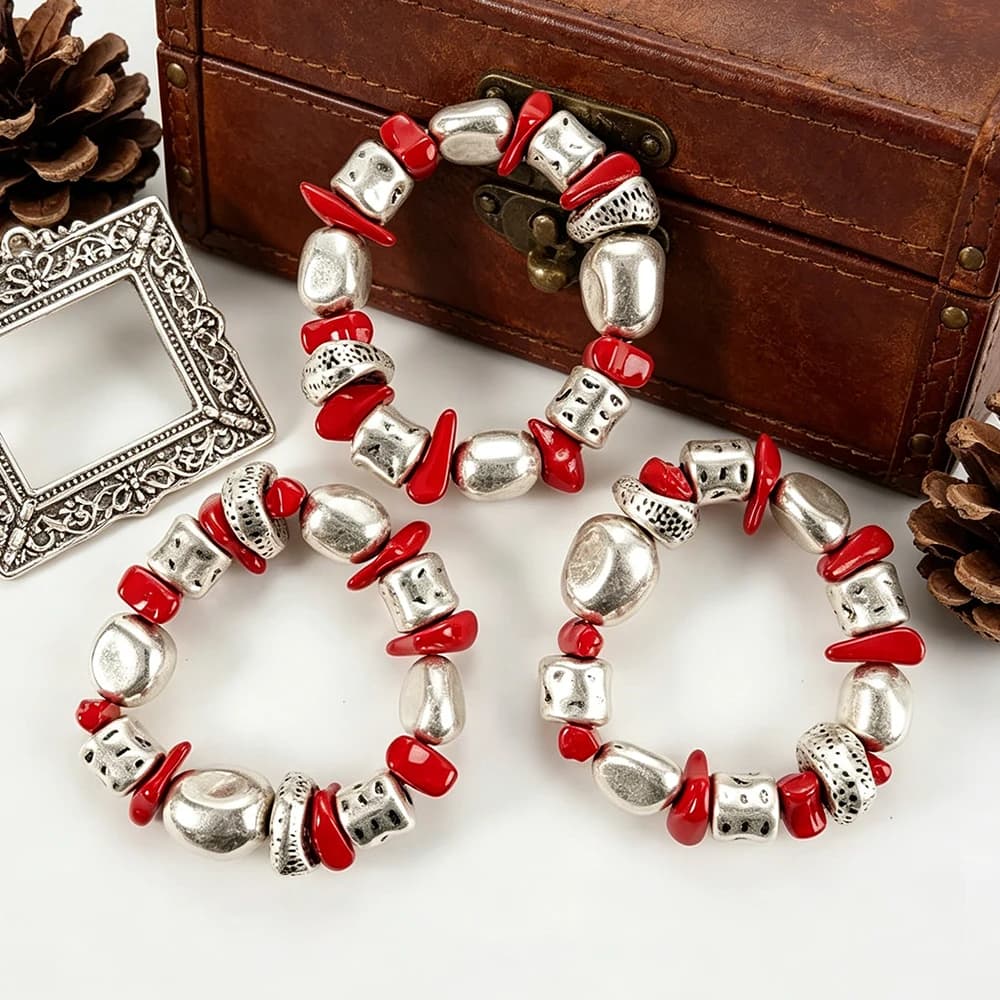 Red and Antiqued Silver Stackable Beaded Bracelet Set