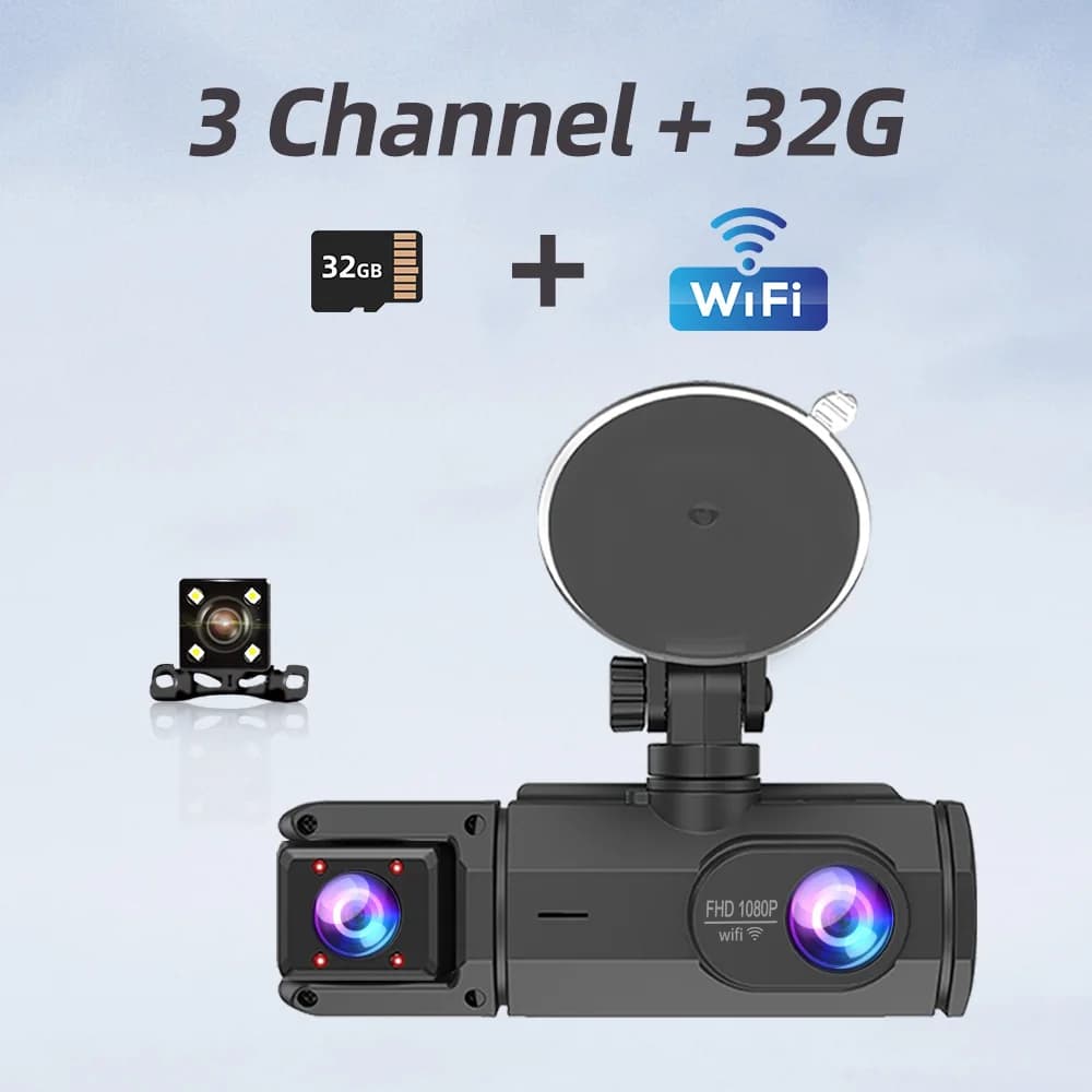 Dash Cam For Cars 32G Card 3Channels FHD1080P Car DVR Night Vision Loop Recording G-sensor Driving Recorder Tachograph Black Box