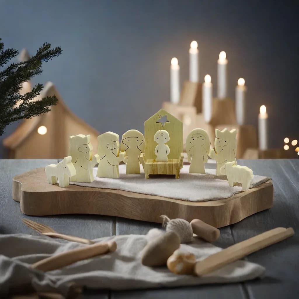 Wooden Nativity Set with 11 Natural Wood Figurines