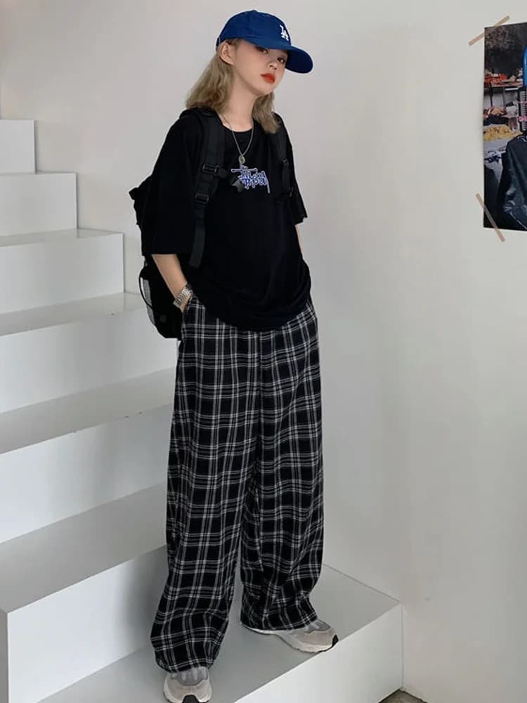 Black Plaid Wide-Leg Casual Pants