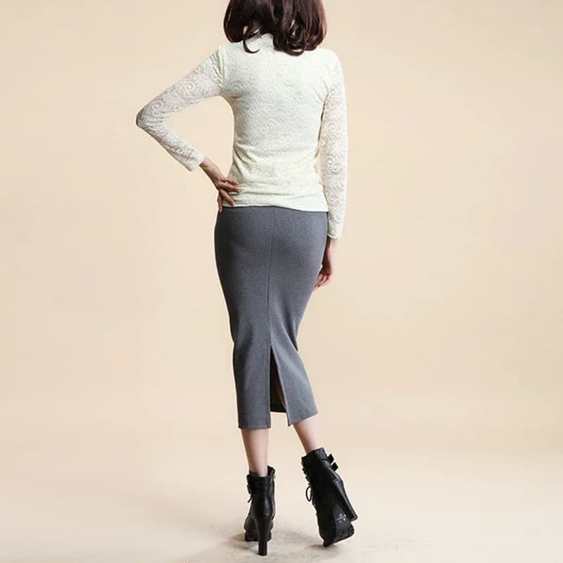 Women's Black Pencil Skirt Wool Rib Knit