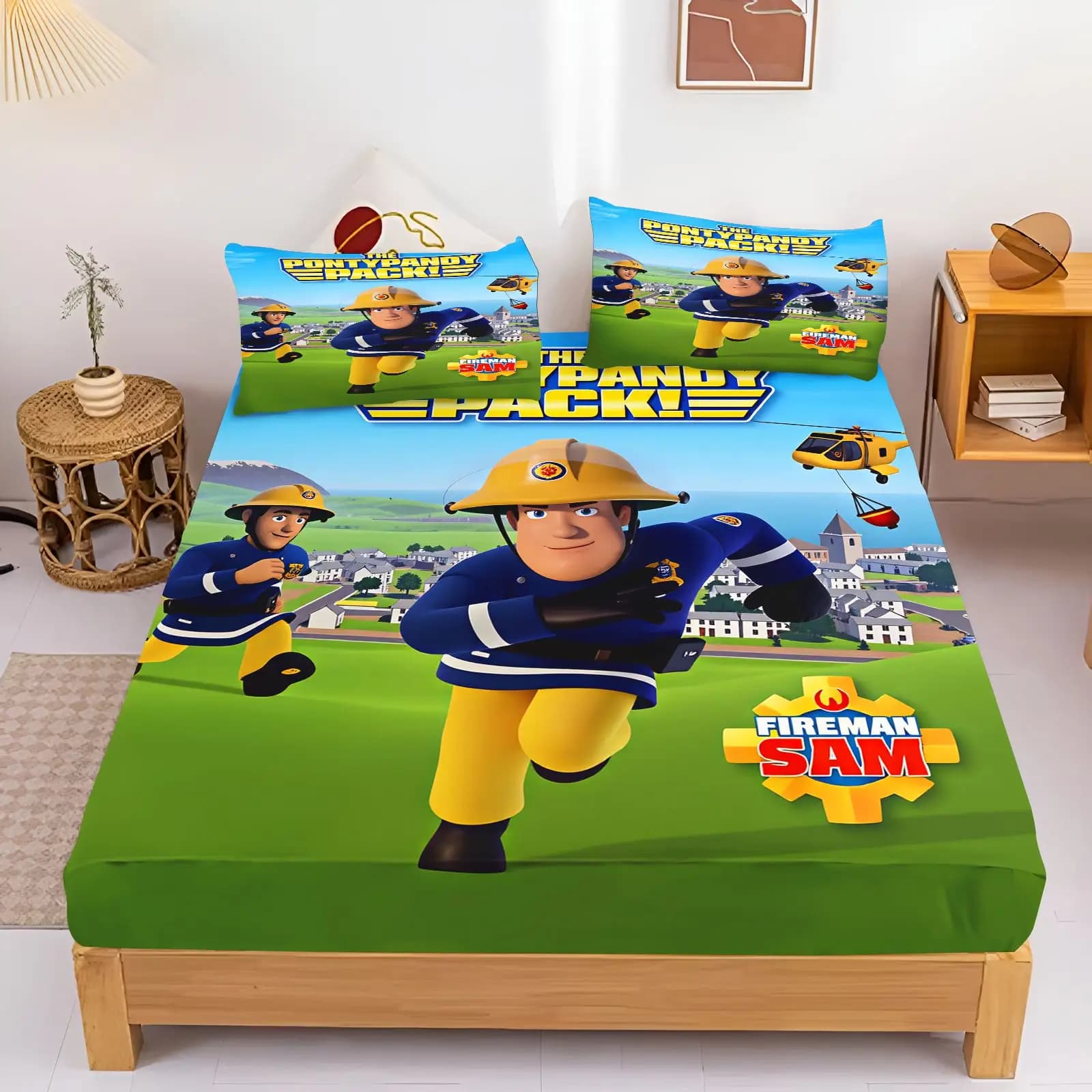 Fireman Sam Bedding Set Fitted Sheet Pillowcase Kids Cartoon Bed Cover Bedroom Decor Bed Sheets Home Textile