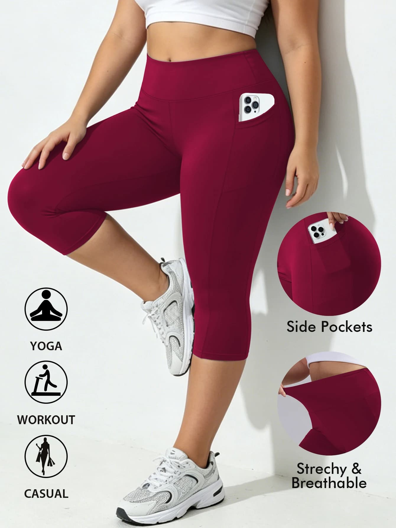 Plus Size Capri Leggings with Pockets and Tummy Control