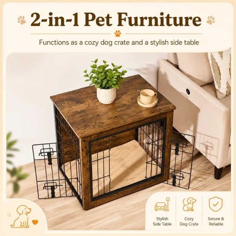 Wooden Dog Crate Side Table with Cushion