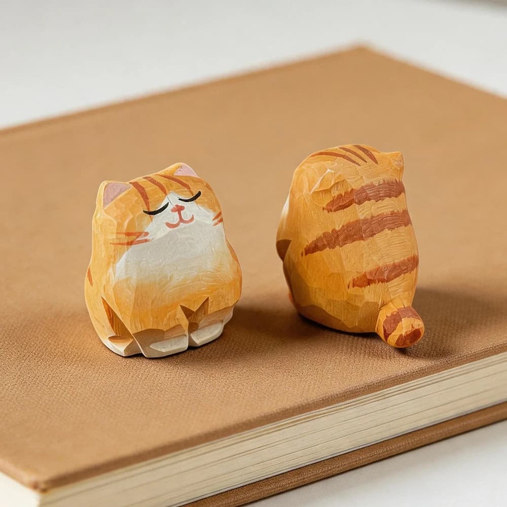 Hand Carved Wooden Cat Figurines Cute Kitten Statue with Mini Bench Home Orange Calico Cat Ragdoll Cat Desktop Ornament Gift