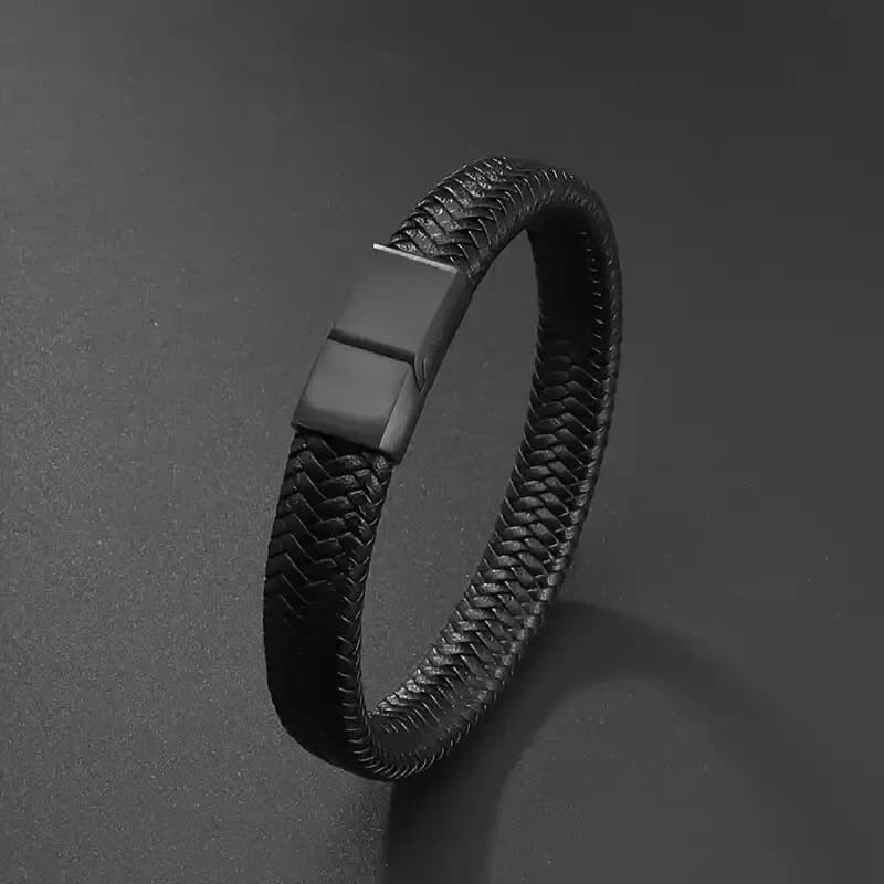 Men's Black Leather Magnetic Wristband