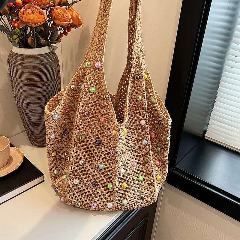 Knitted handbag, hand-held handmade woven bag, hollowed out casual small handbag, vest, large capacity crossbody bag