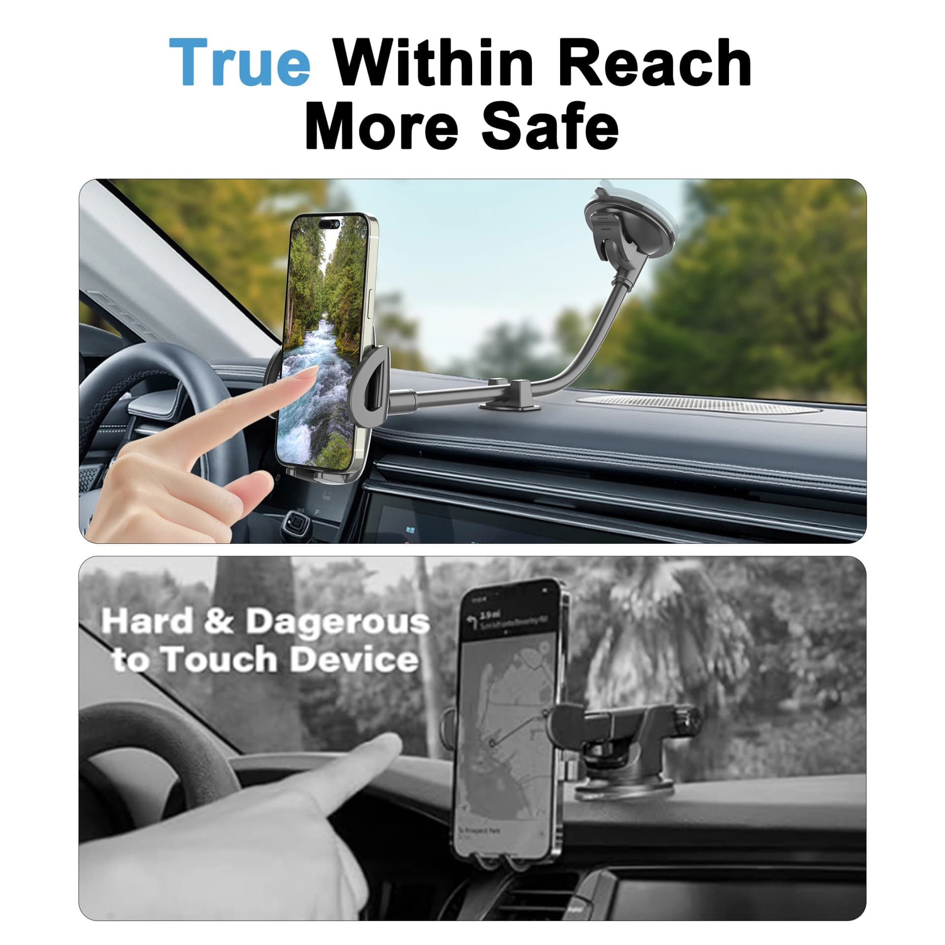 Solid Car Truck Phone Mount Holder with 11.8-Inch Gooseneck Long Arm Anti-Shake Stabilizer Compatible All Cell Phones iPhone