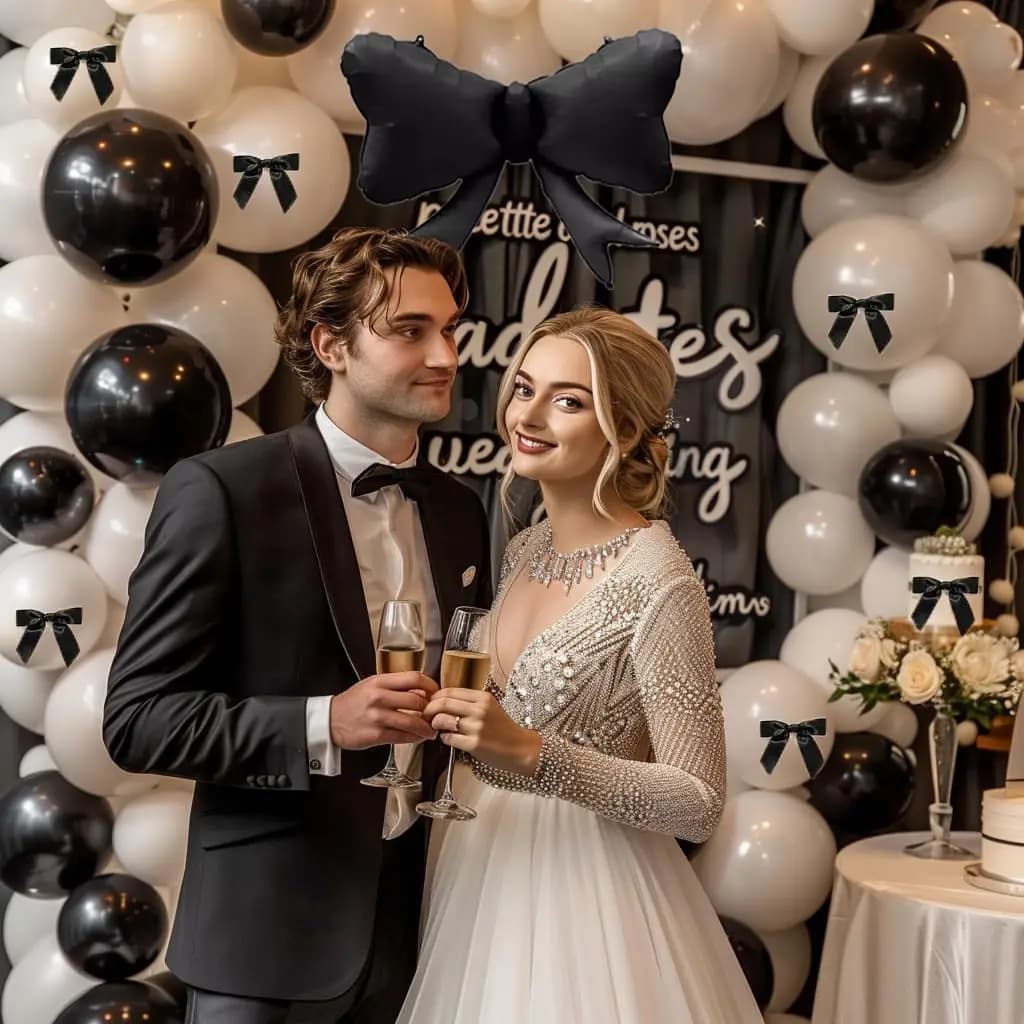 122pcs Black Bow Birthday Party Decorations With Pearl White Balloons for Girl Coquette Birthday Wedding Bridal Party Decoration